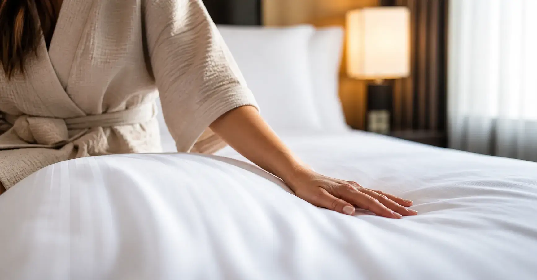 Hotel guest touching soft bed linens
