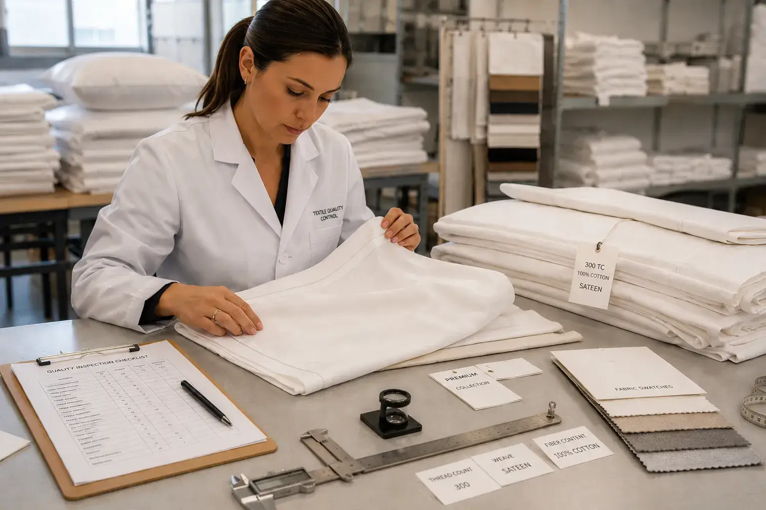 Inspecting hotel bedding samples