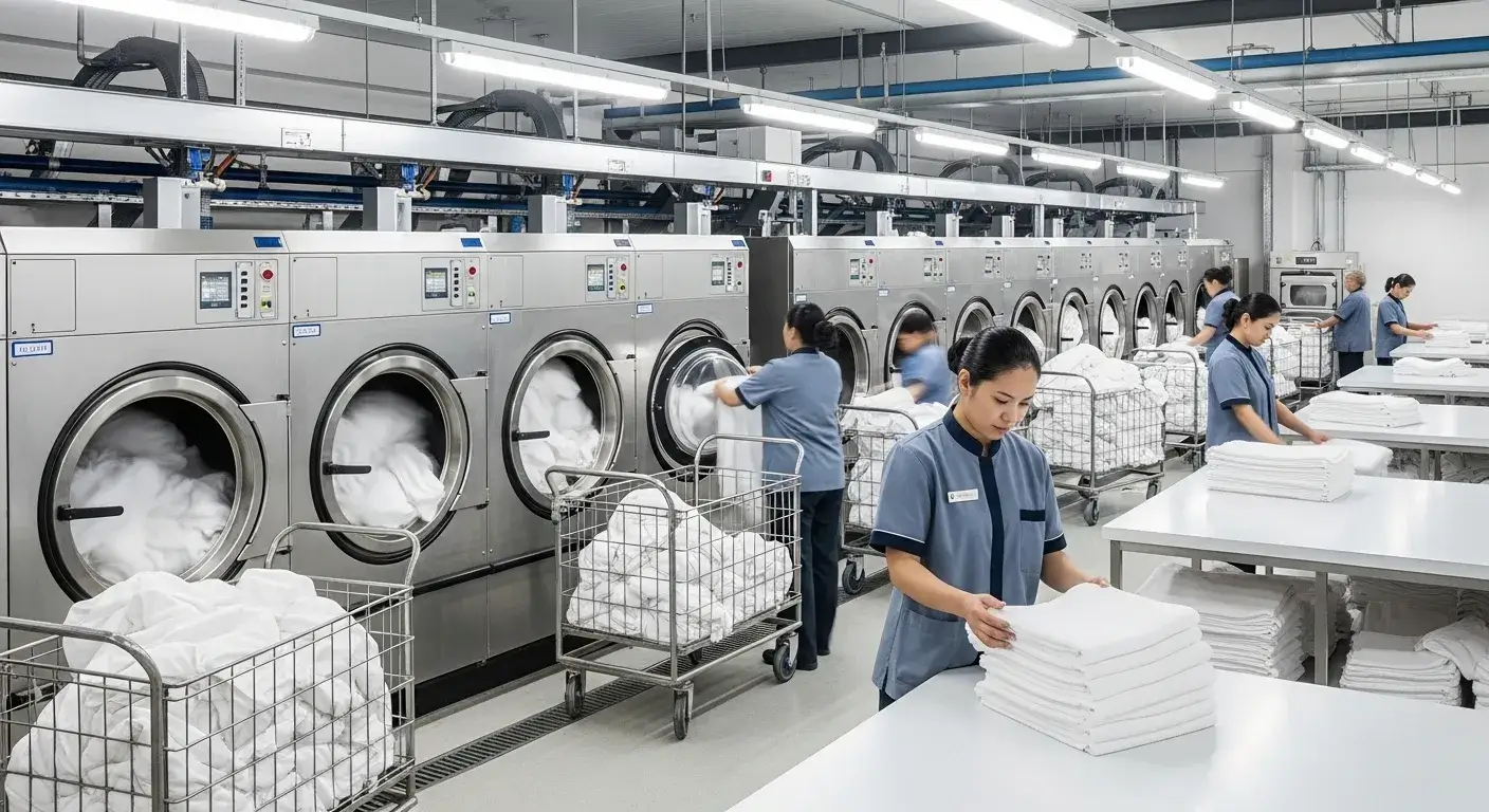 Commercial hotel laundry washing white sheets