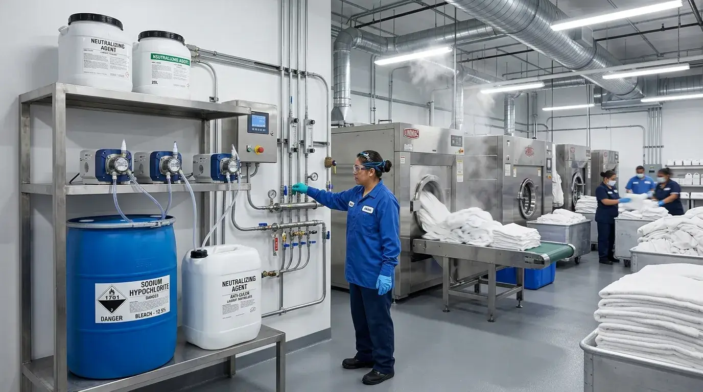 Bleach Resistance Testing Hotel laundry chemicals and sheets