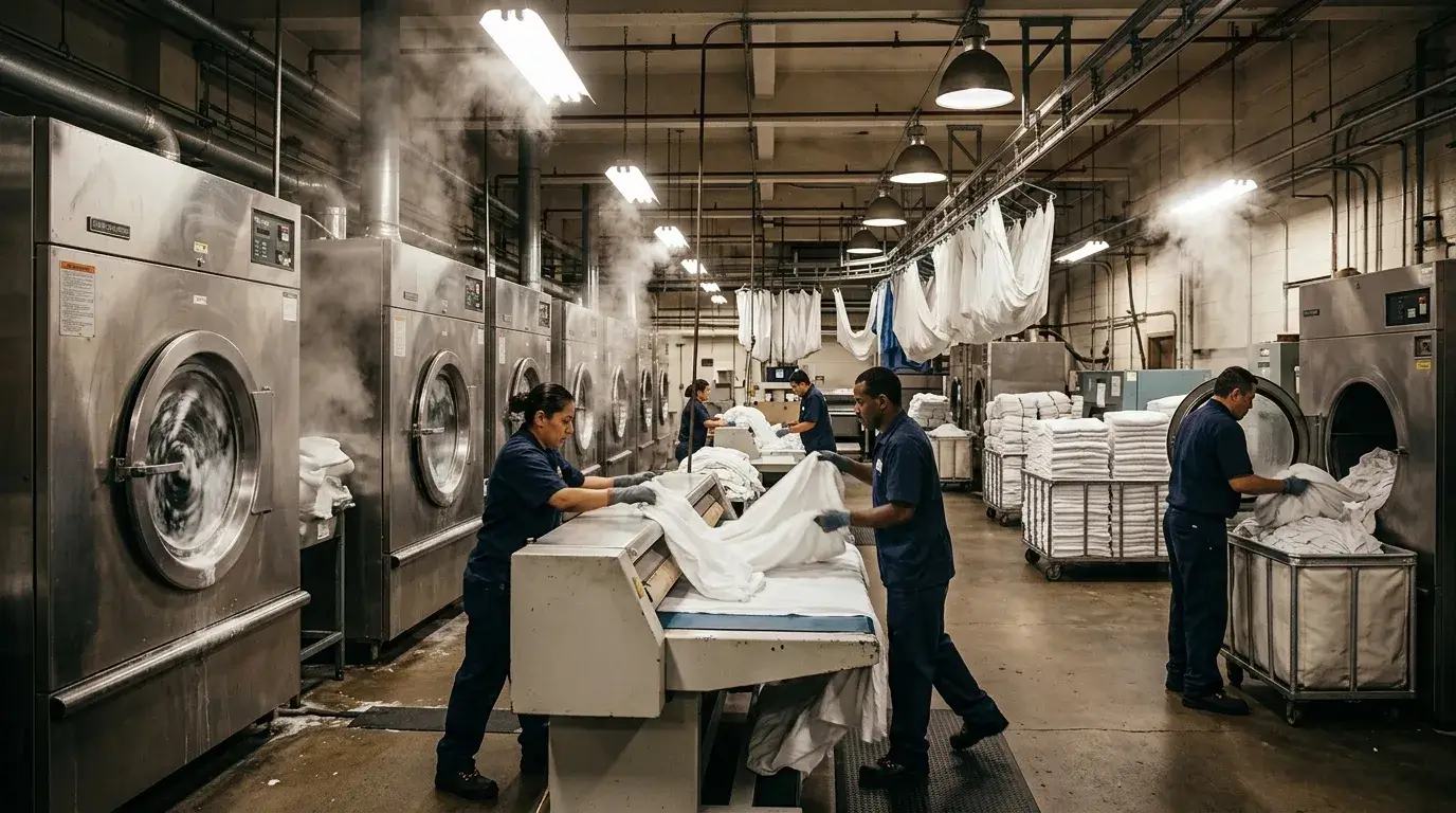 Commercial hotel laundry processing linens