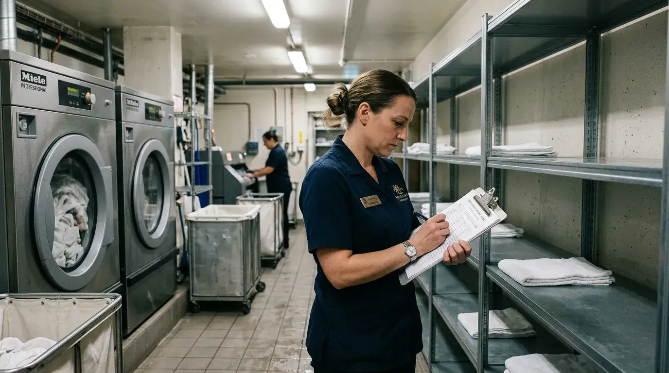 Hotel laundry room with low linen stock