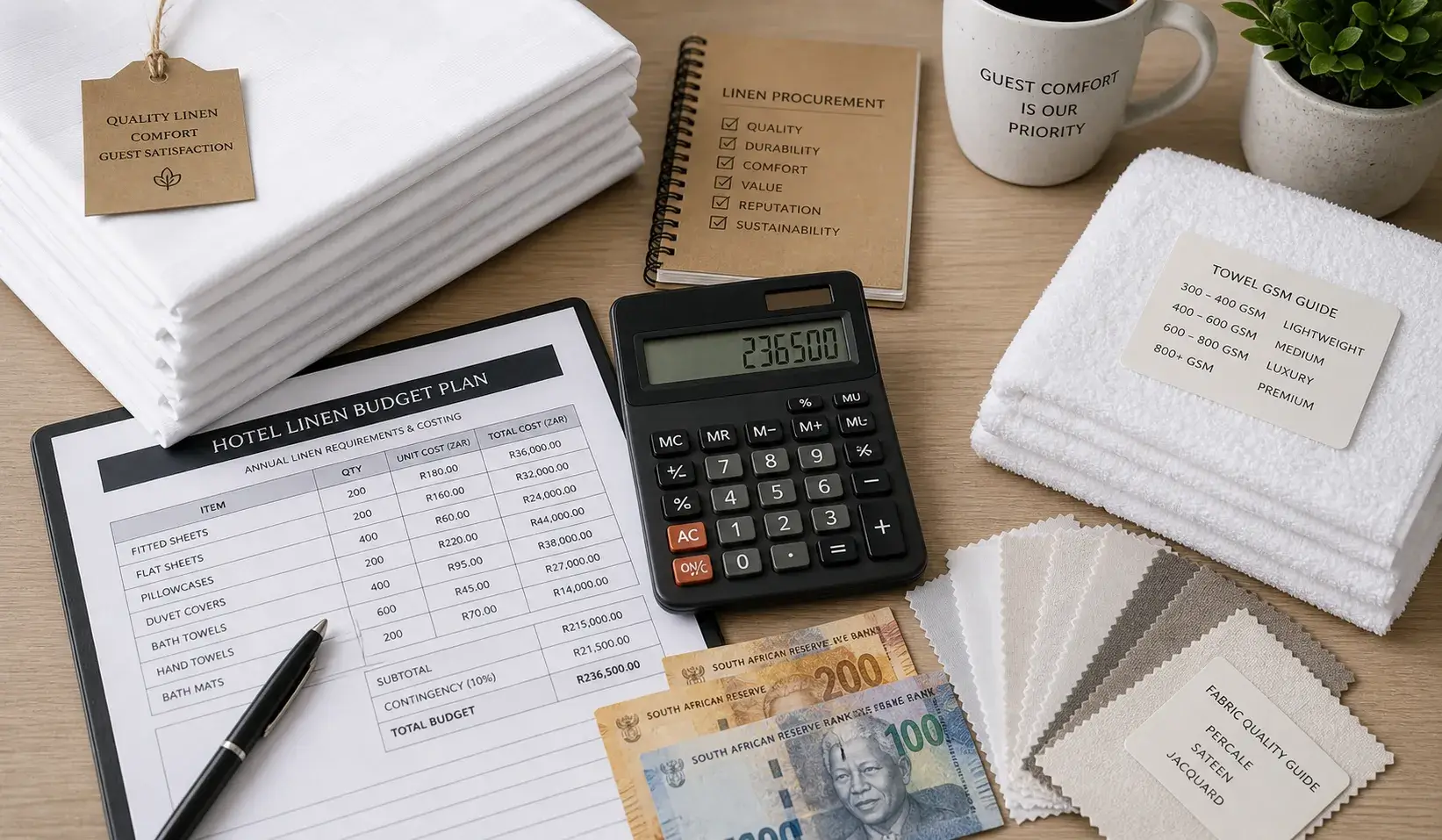 Hotel linen budget with calculator and folded sheets