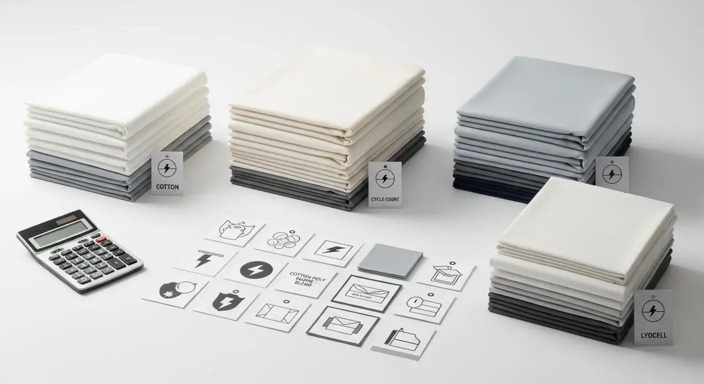 Procurement desk showing linen sets with calculator and cycle tags