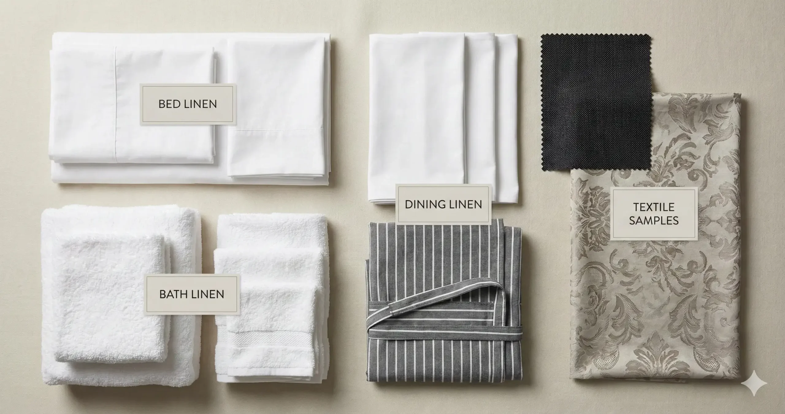 Stacked hotel linens sorted by department categories