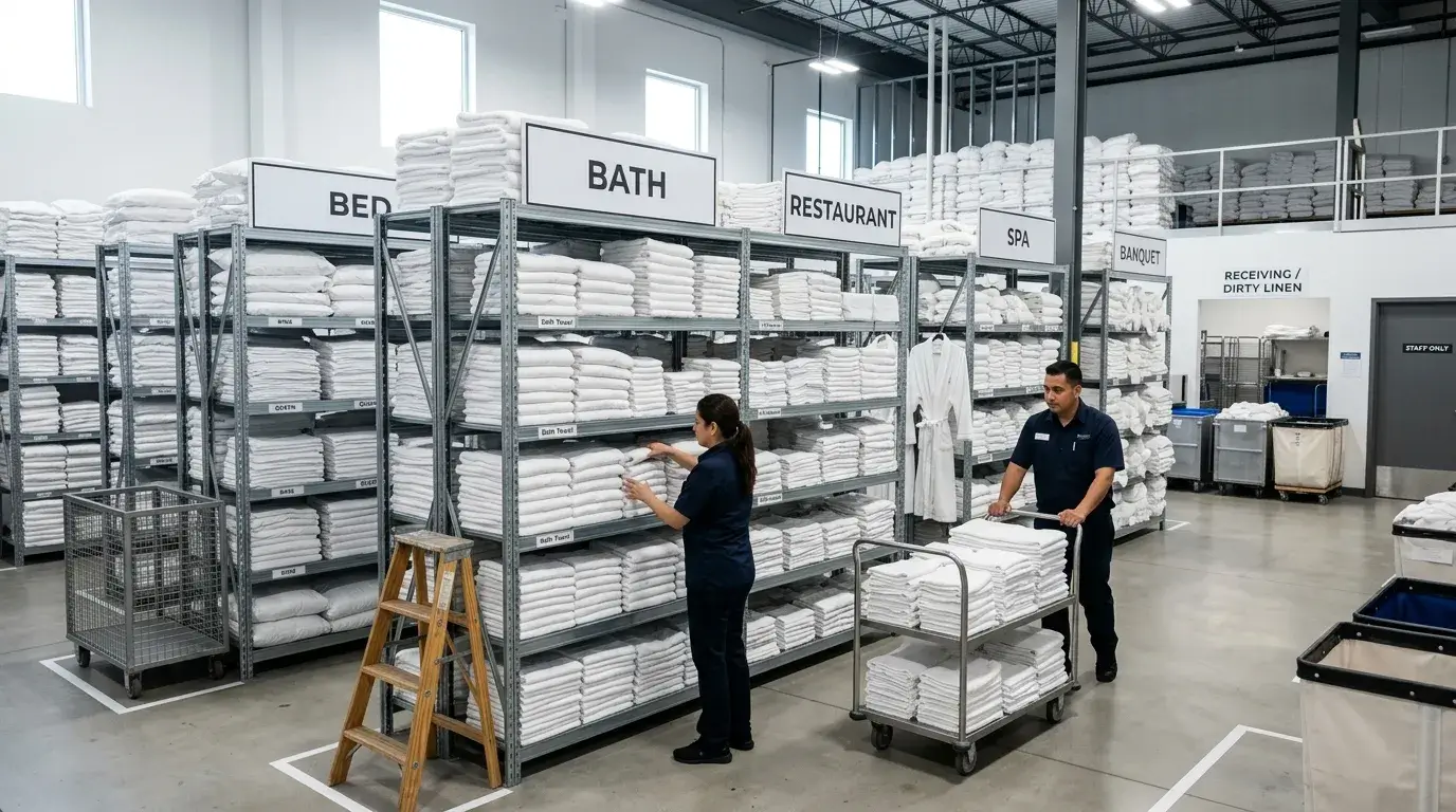 Hotel linen organized by department in storage