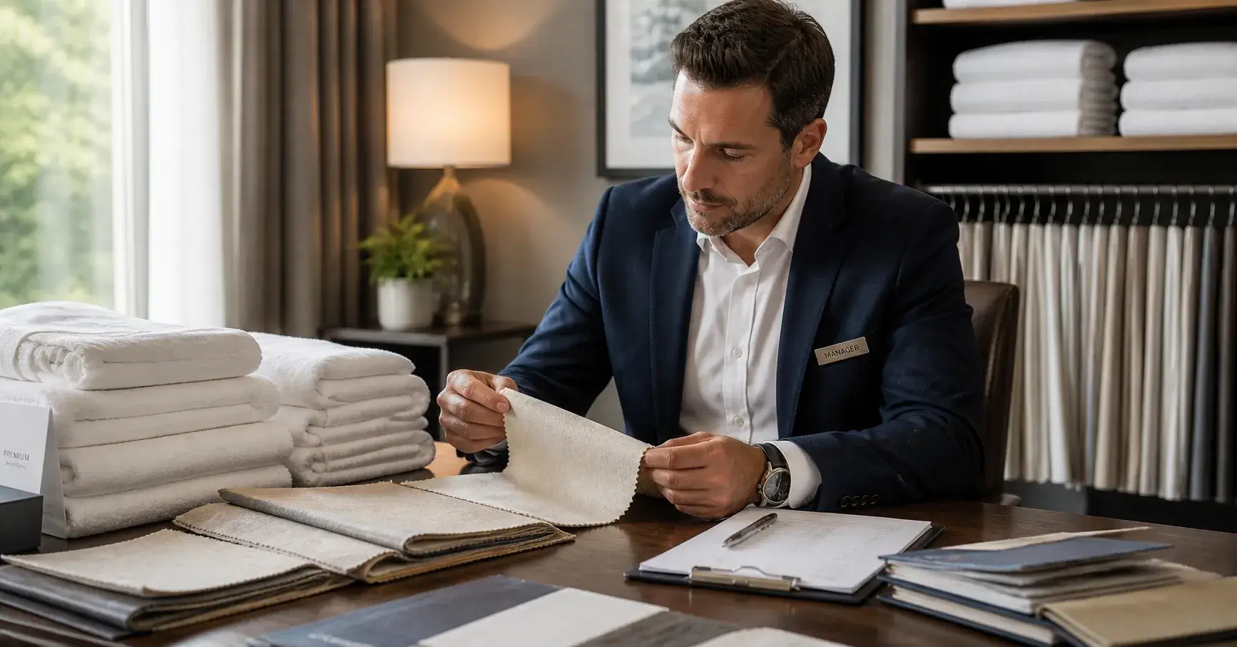 Hotel manager reviewing linen samples