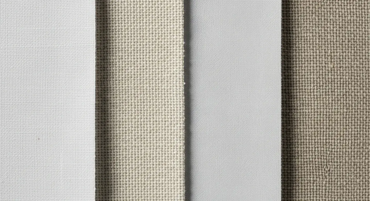 Close-up fabric swatches of cotton, blend, polyester and linen