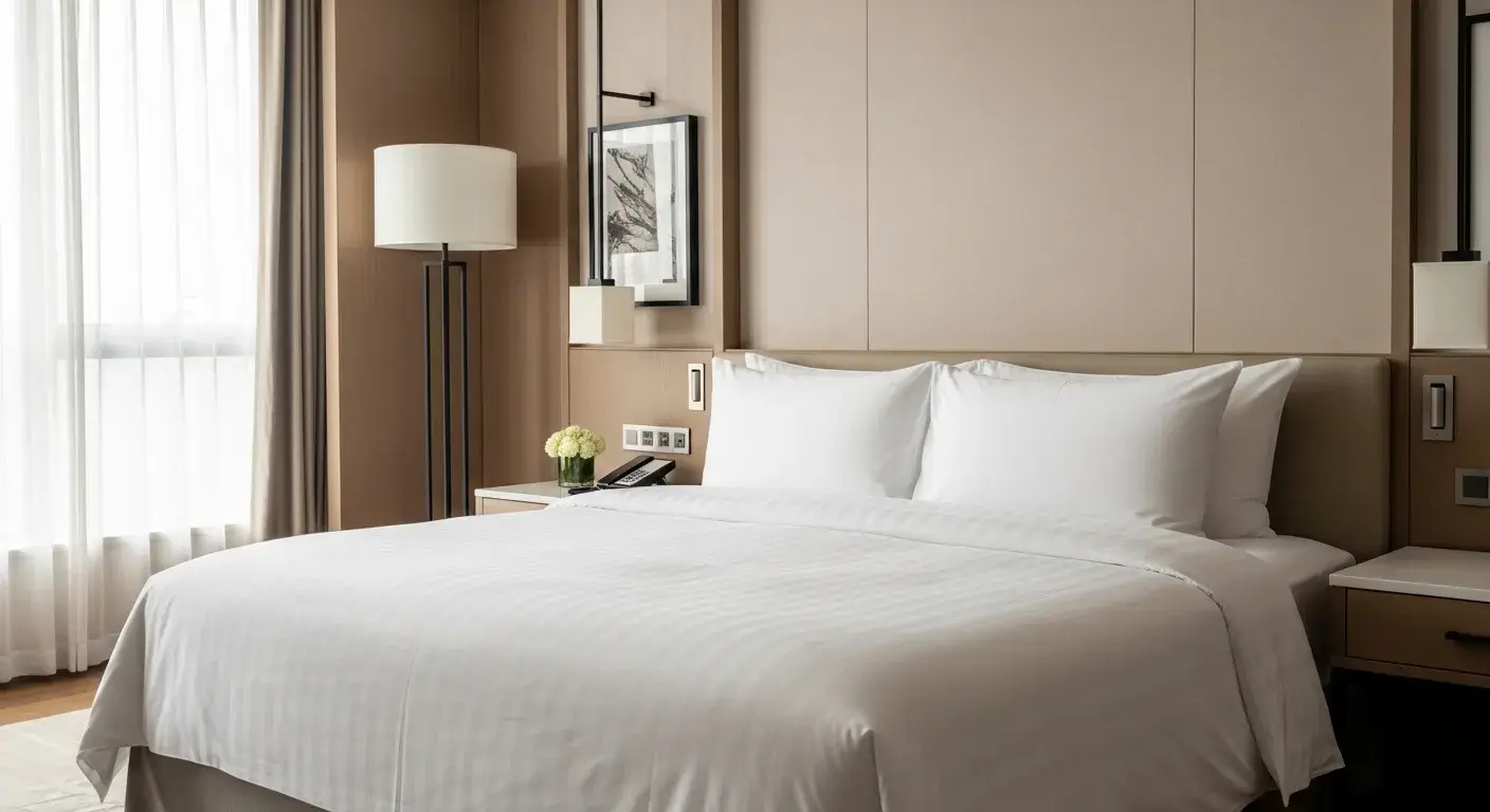 Luxury hotel bed with crisp white sheets and plush pillows