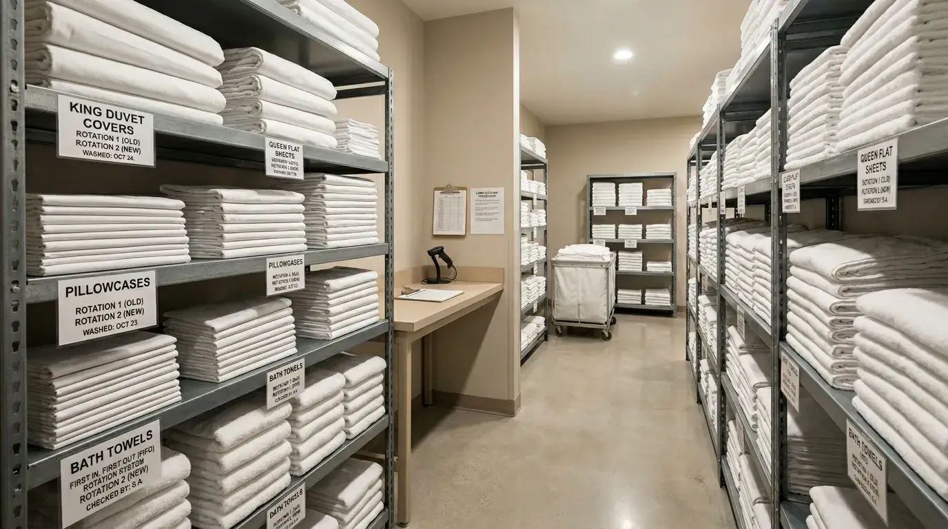 Three Par System Hotel linen storage shelves organized