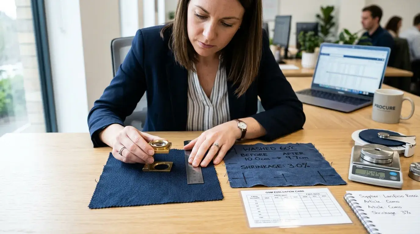 Procurement testing linen swatches with GSM card and measuring tools