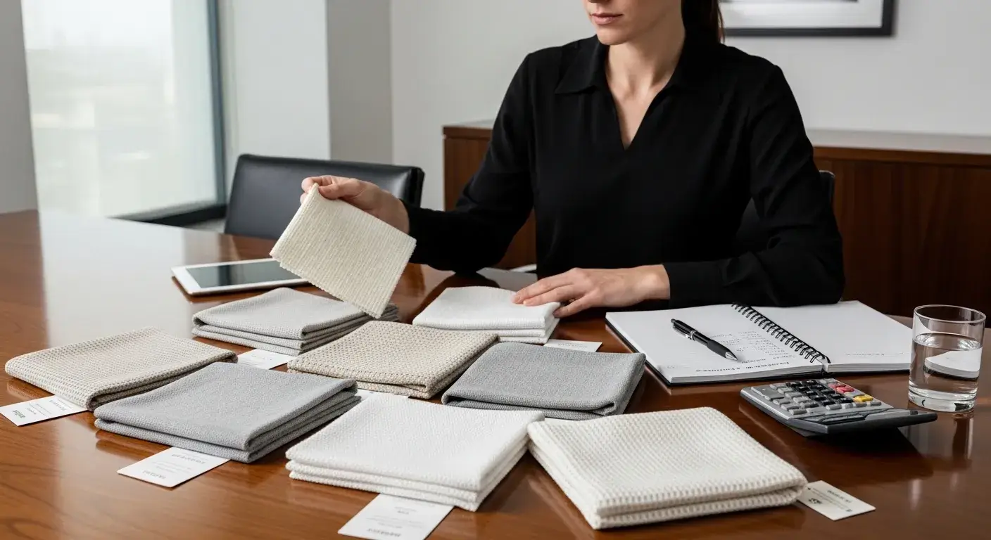 Hotel manager reviewing linen fabric samples at table