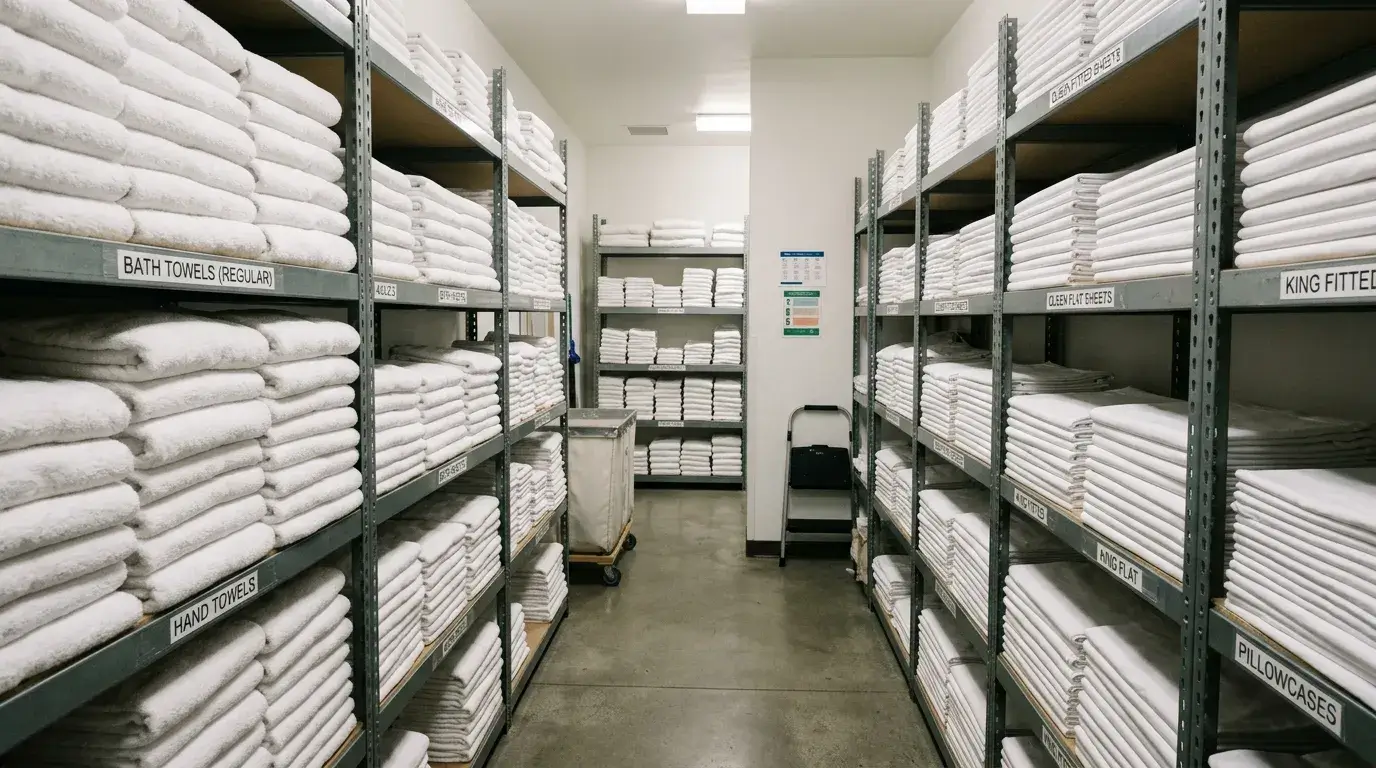 Organized hotel linen storage with full inventory