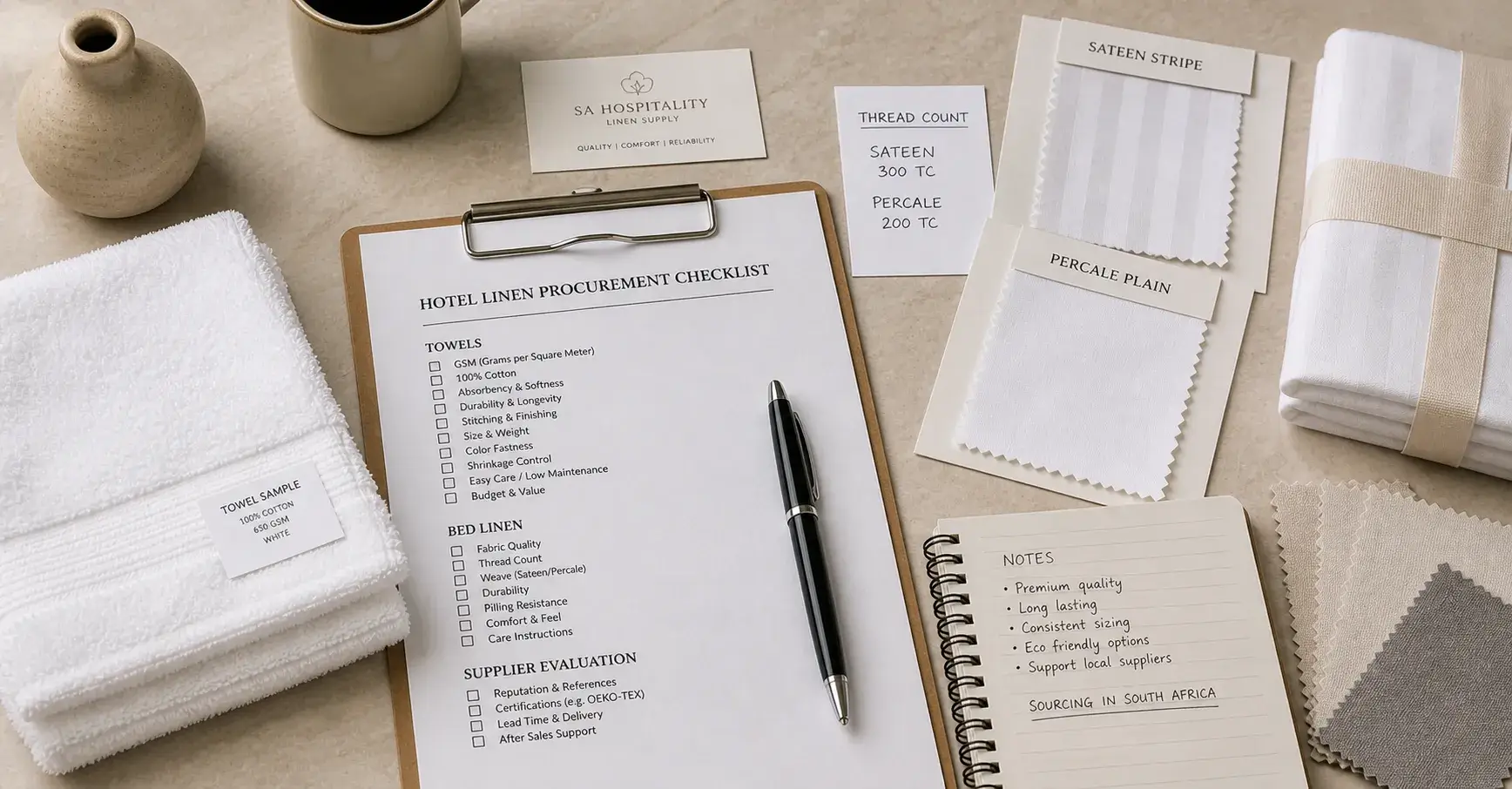Hotel linen supplier checklist with fabric samples