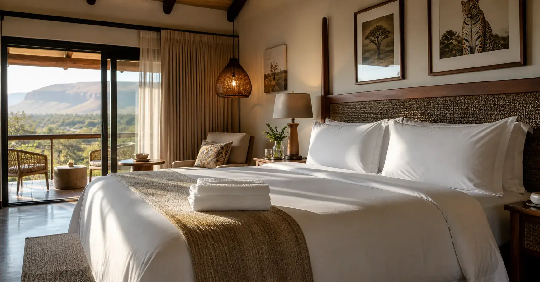 Luxury hotel bed with crisp white linen in South Africa