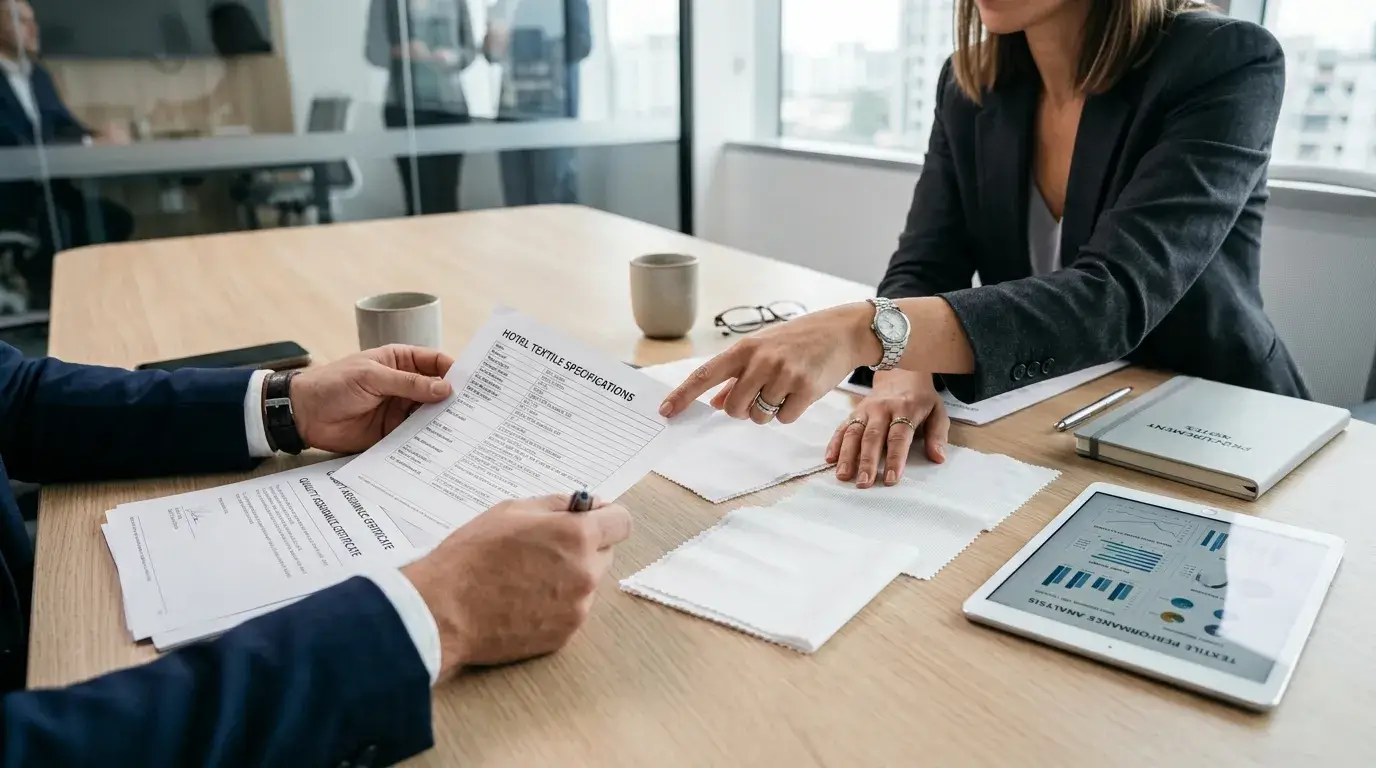 Procurement team reviewing textile spec sheets and fabric swatches