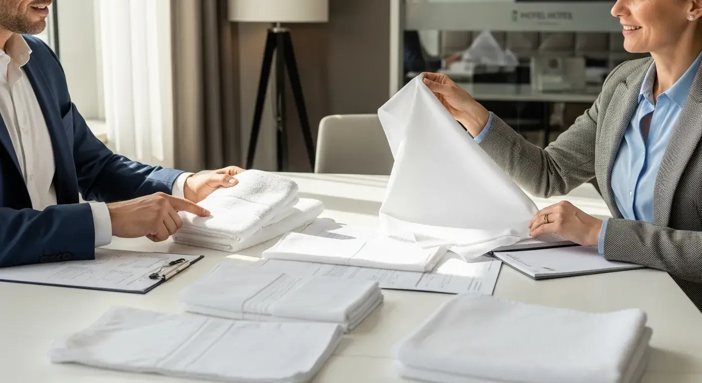 Hotel procurement team reviewing linen samples