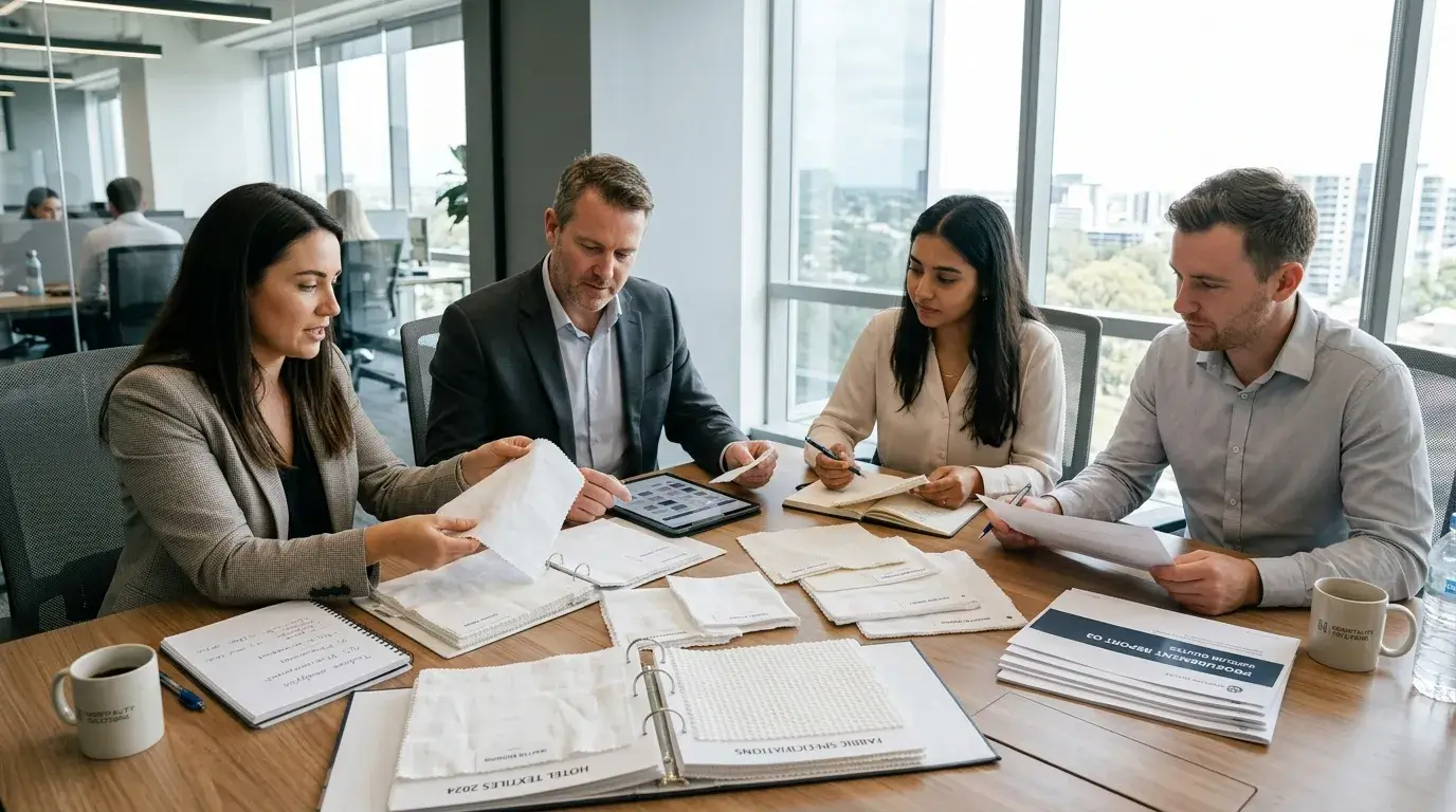 Hotel procurement team reviewing fabric samples
