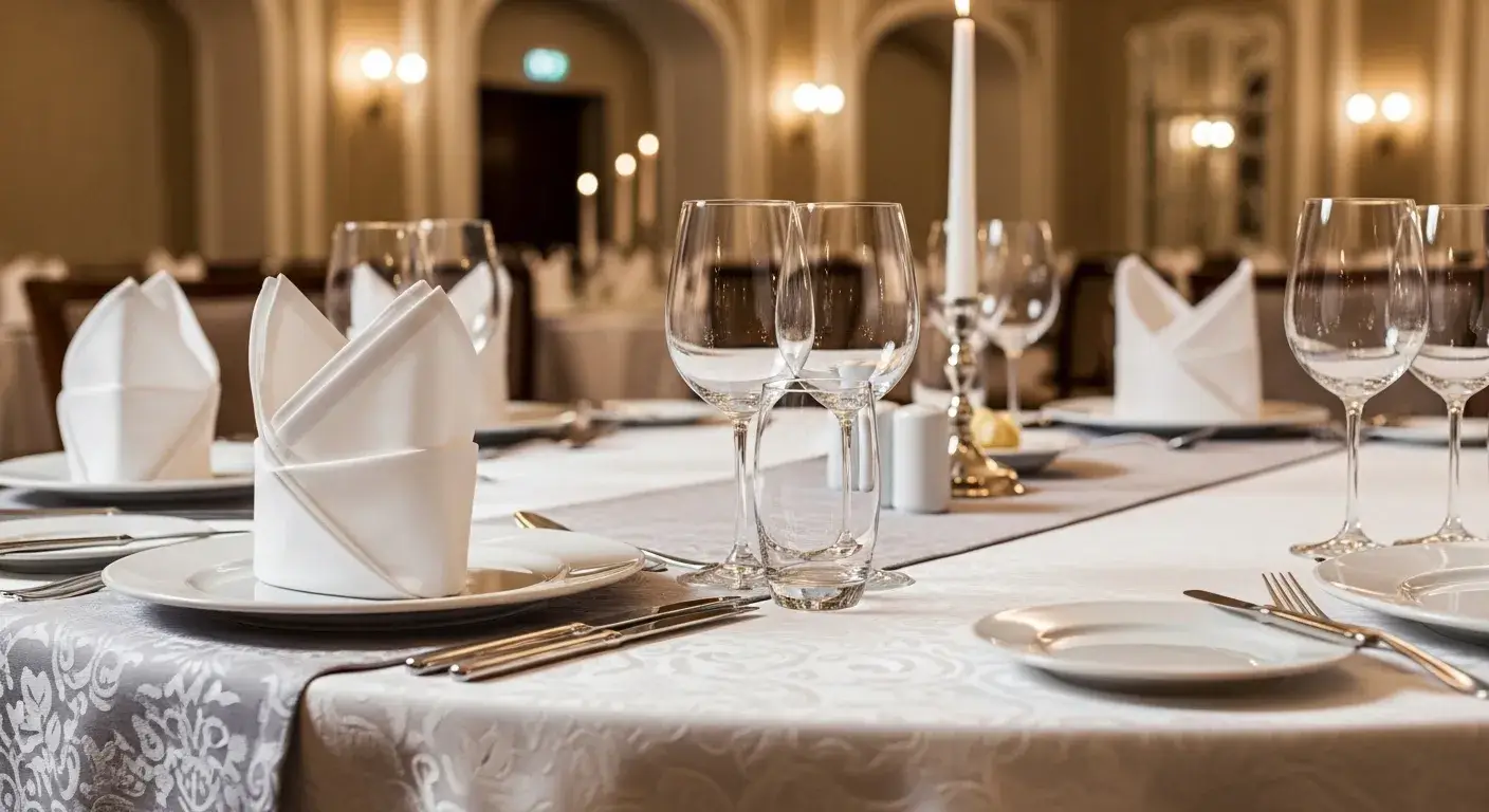 Hotel restaurant table with white tablecloth and napkins