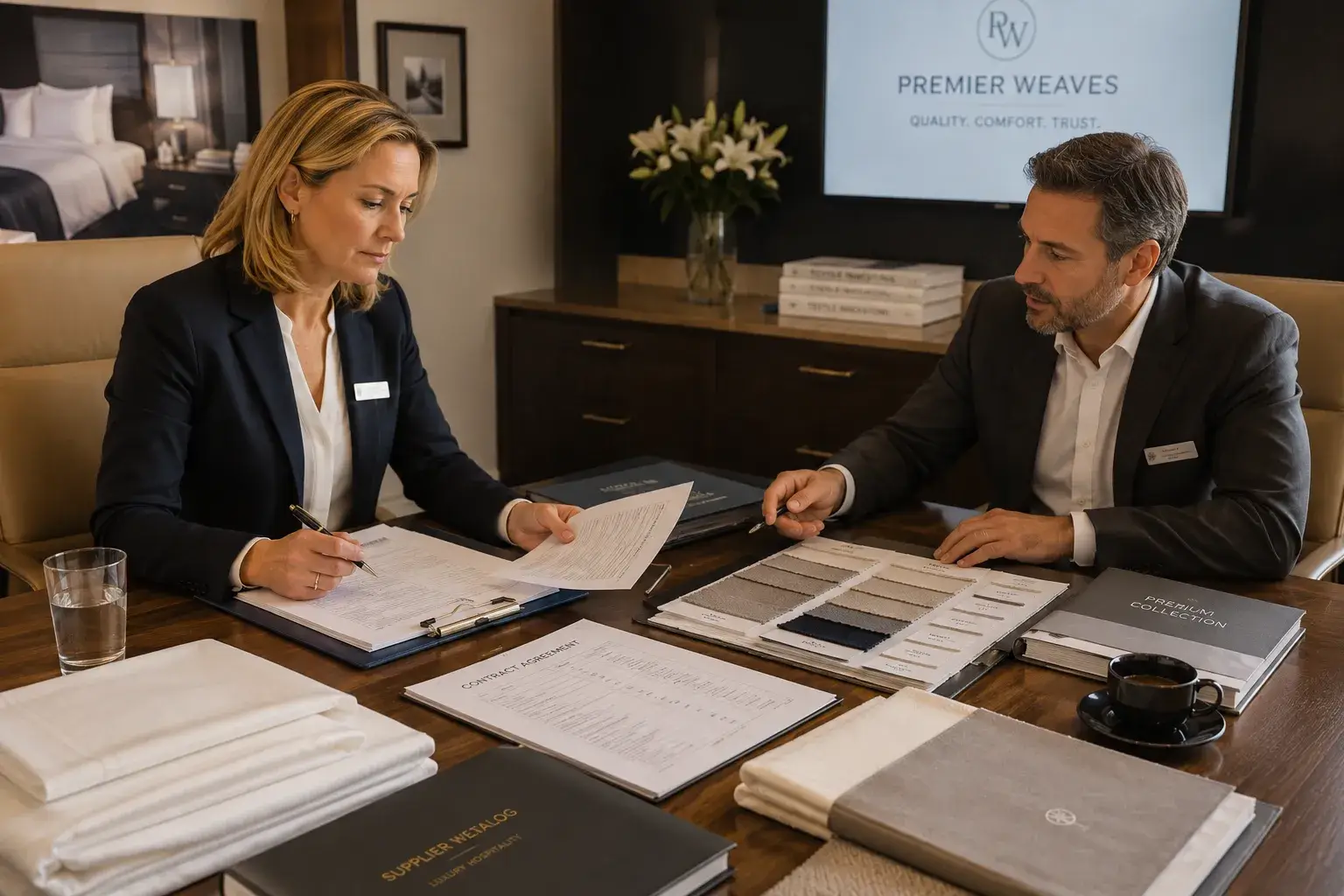 Hotel buyer discussing supplier contract
