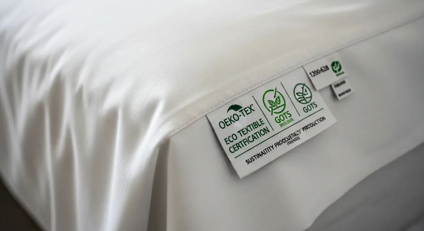 Textile Certifications OEKO-TEX and organic certification tags on hotel sheets