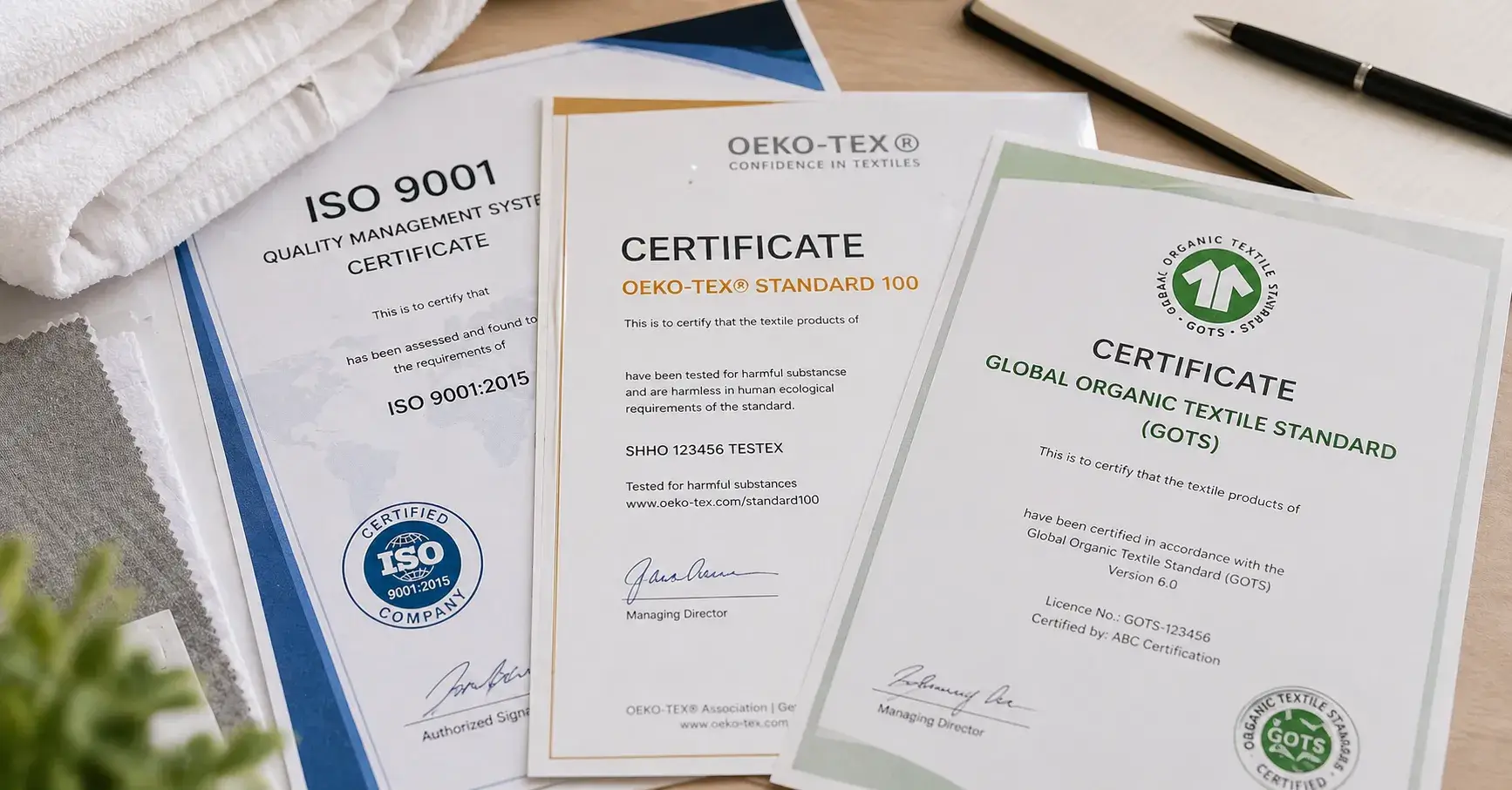Textile certifications ISO OEKO TEX documents display