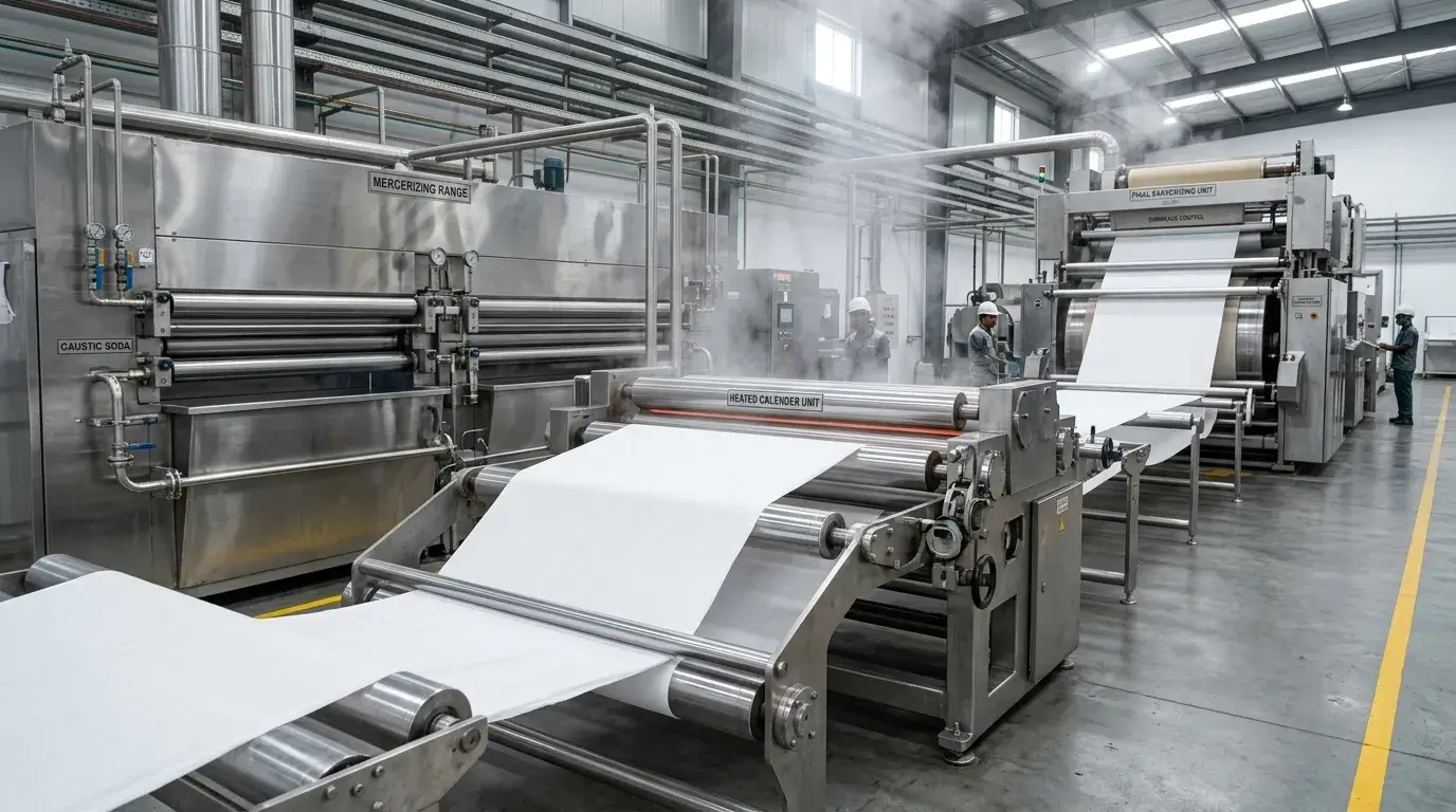 Hotel textiles finishing line with rollers and fabric