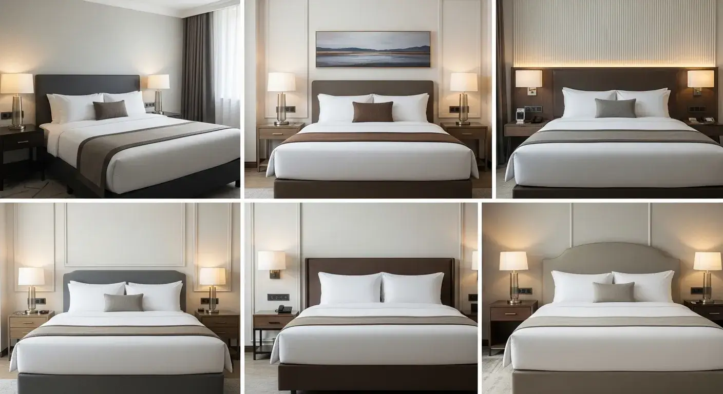Four hotel room styles showing different linen quality tiers