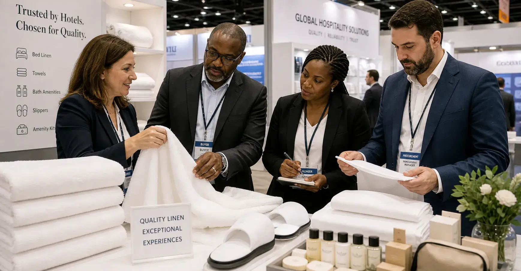Hotel procurement team reviewing supplier products at trade show