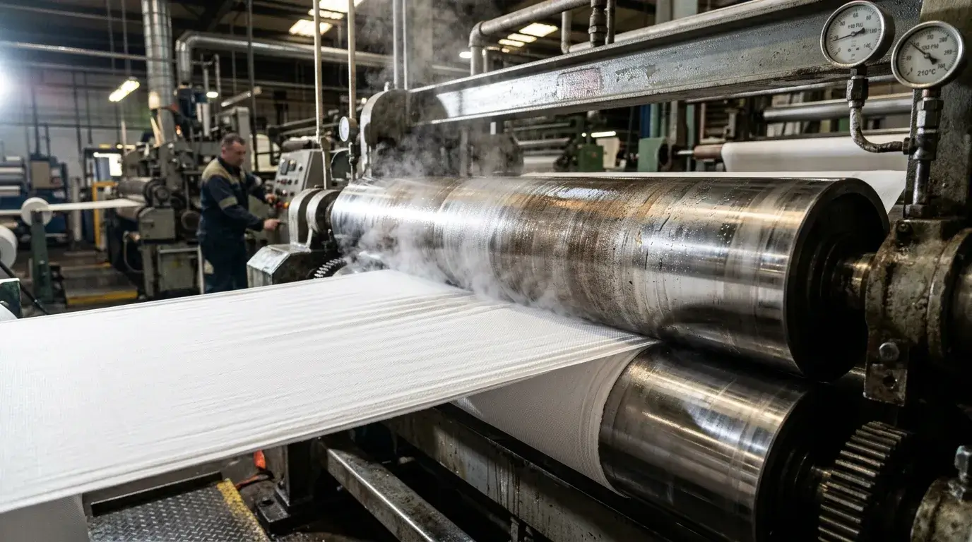 Fabric passing through heated calendering rollers