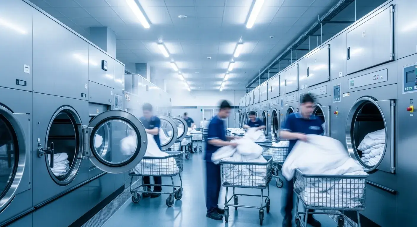 Industrial hotel laundry washing white sheets