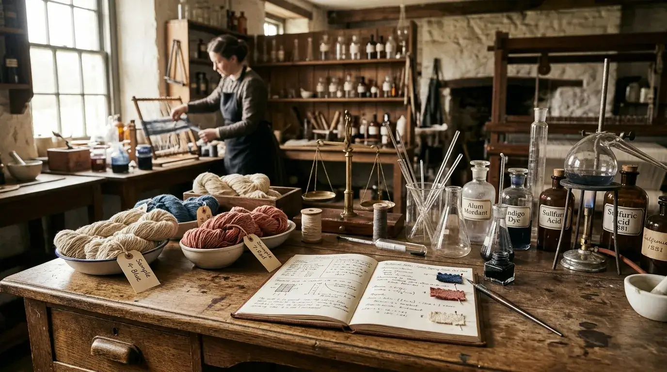 Vintage textile lab scene with cotton samples and notes