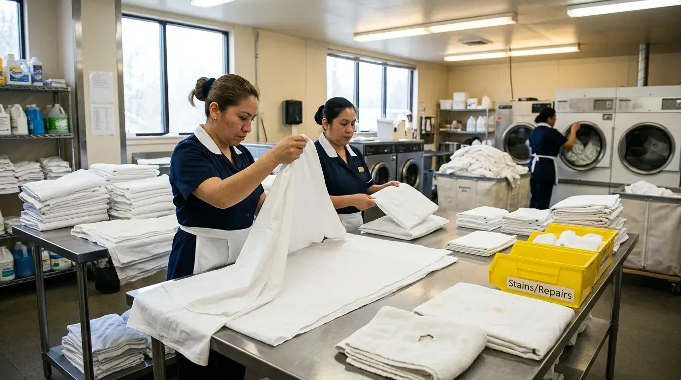 Hotel staff inspecting and grading linens