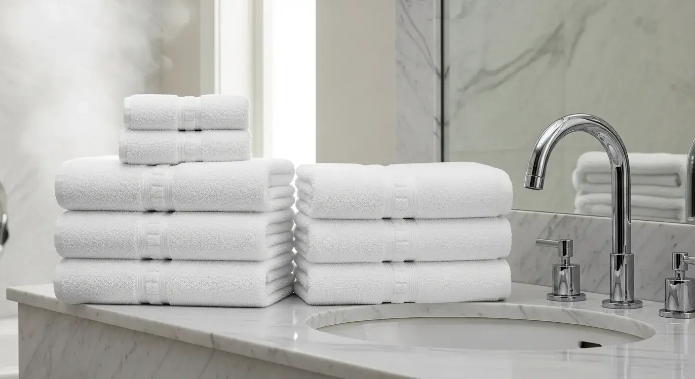 Plush 650 GSM white hotel towels stacked neatly