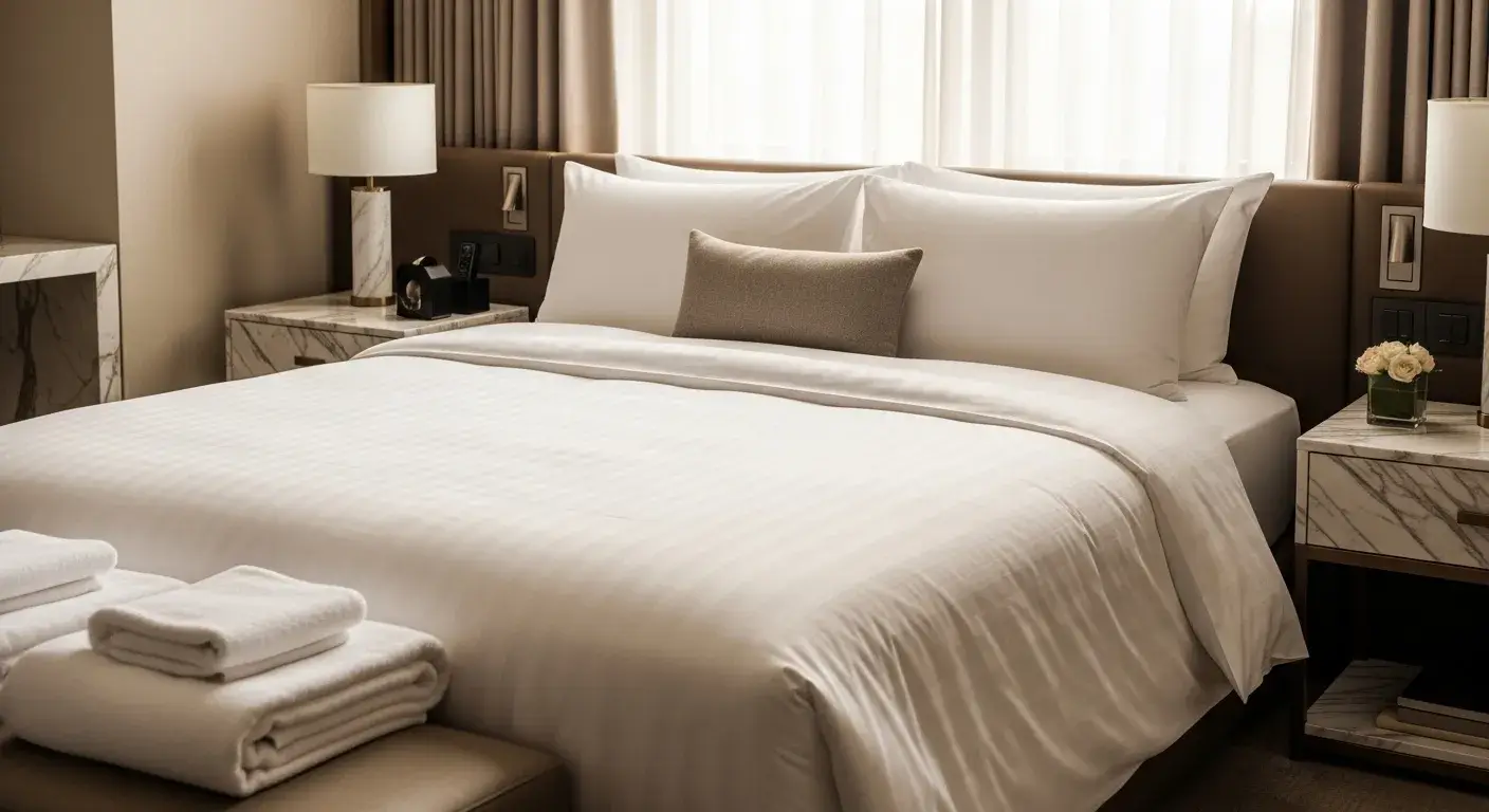 Luxury hotel bedding with crisp white sheets