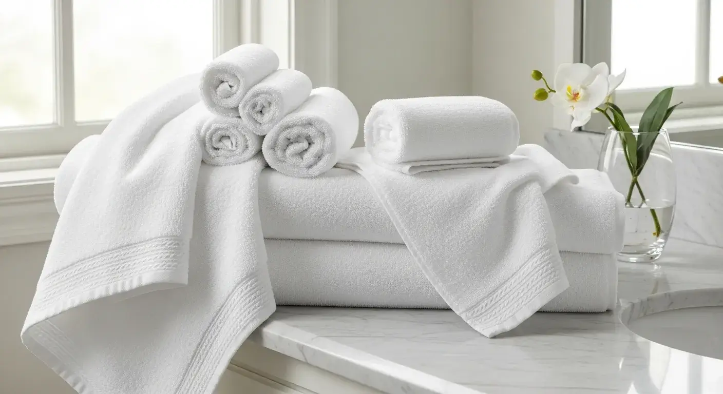 600 GSM Hotel Towels Stack of plush 600 GSM white hotel towels