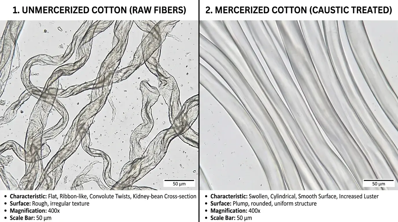 Cotton fibers before and after mercerizing under microscope
