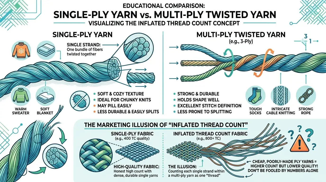 Multi ply yarn inflating thread count visual