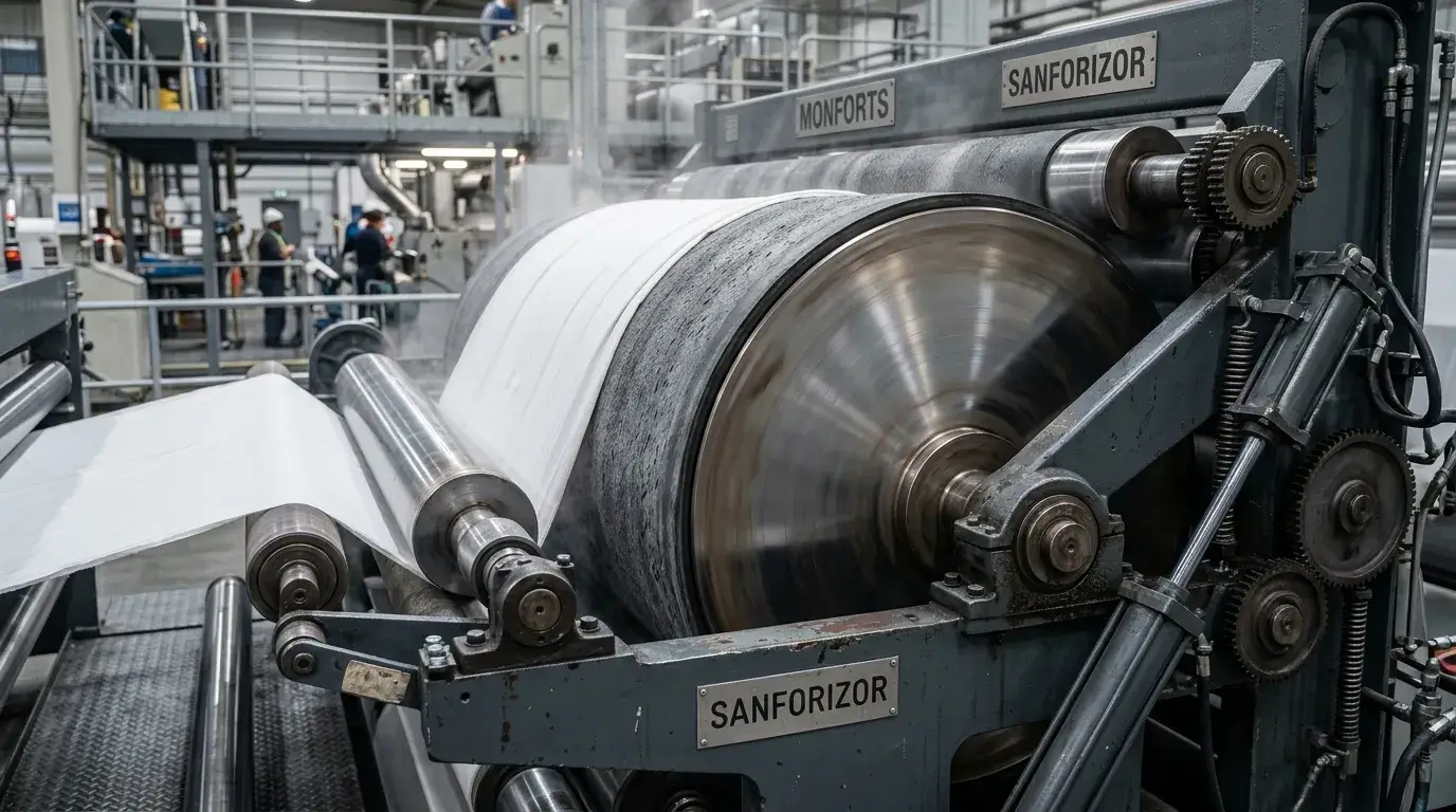 Sanforizing machine compressing cotton fabric with rubber blanket