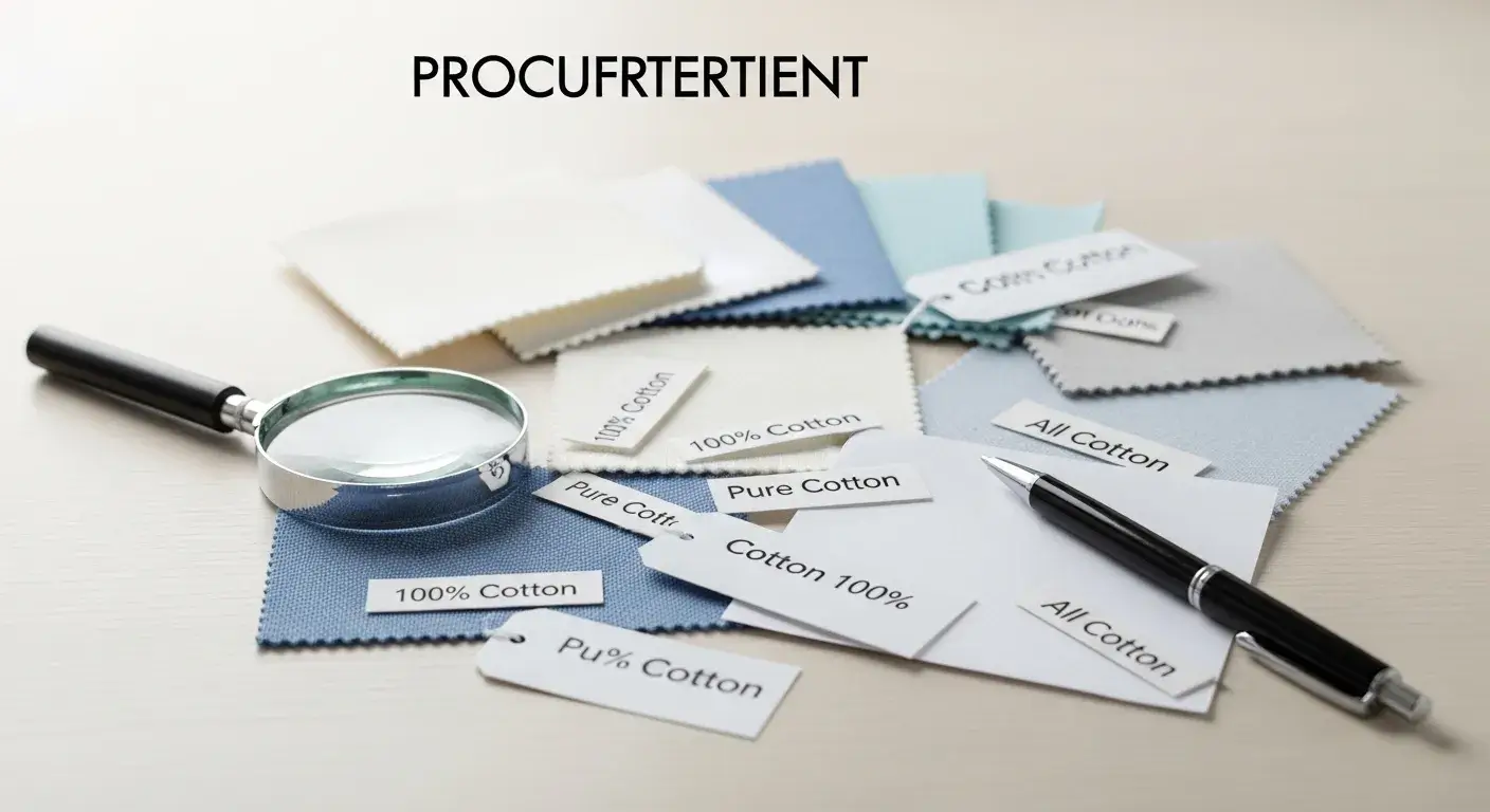 Confusing fabric label tags and mixed swatches on procurement desk