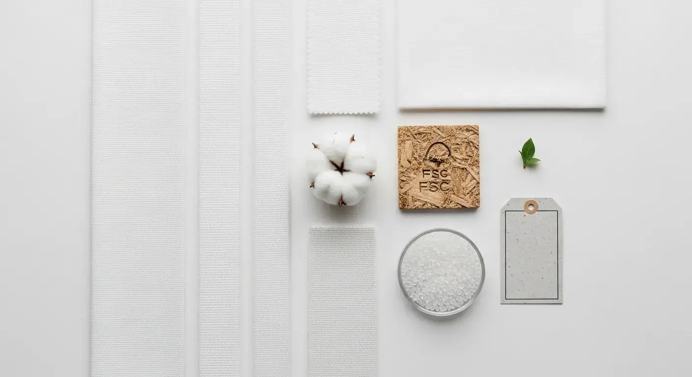 Natural and recycled fiber cues with clean textile swatches