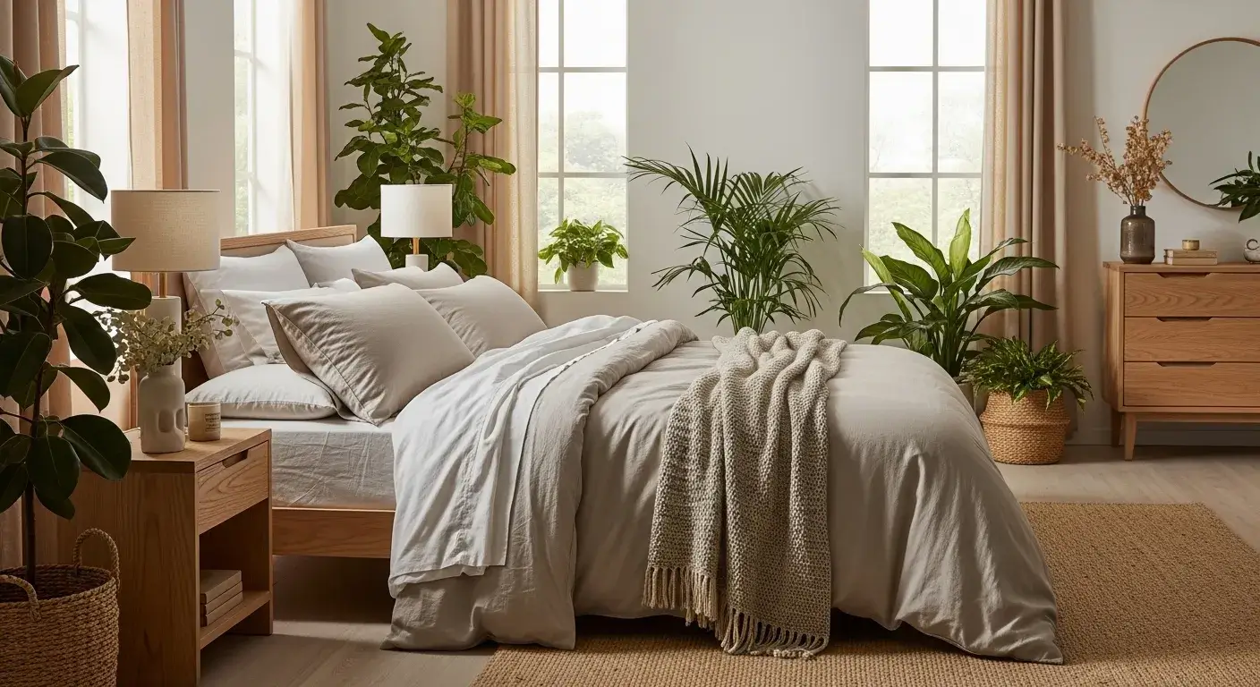 Eco-friendly luxury hotel bedding in natural tones