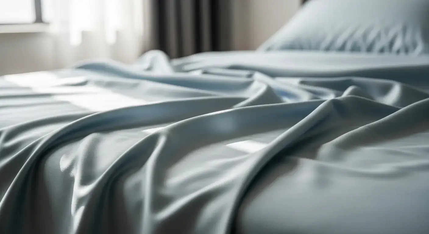 Silky lyocell sheet drape with cool sheen on hotel bed