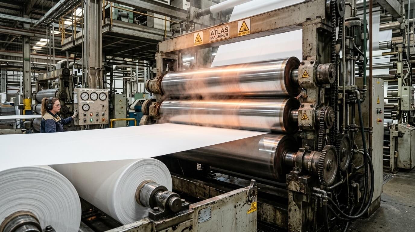 Textile calendaring machine pressing fabric
