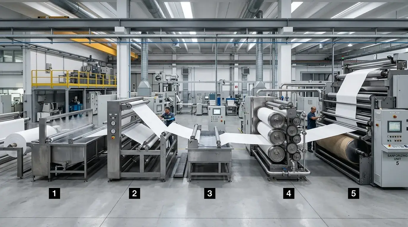 Fabric moving through finishing steps in one continuous factory line