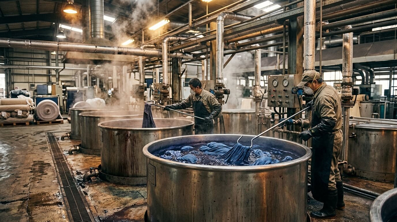 Industrial vat dyeing fabric process