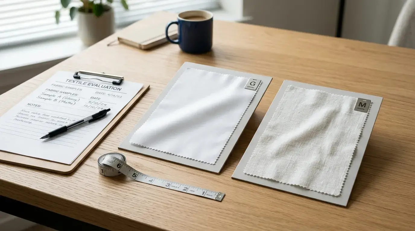 Fresh calendered sheet swatch next to washed swatch