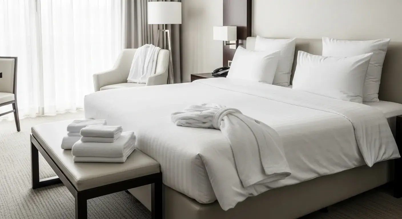 White Hotel Linen All-white luxury hotel bedding and towels display