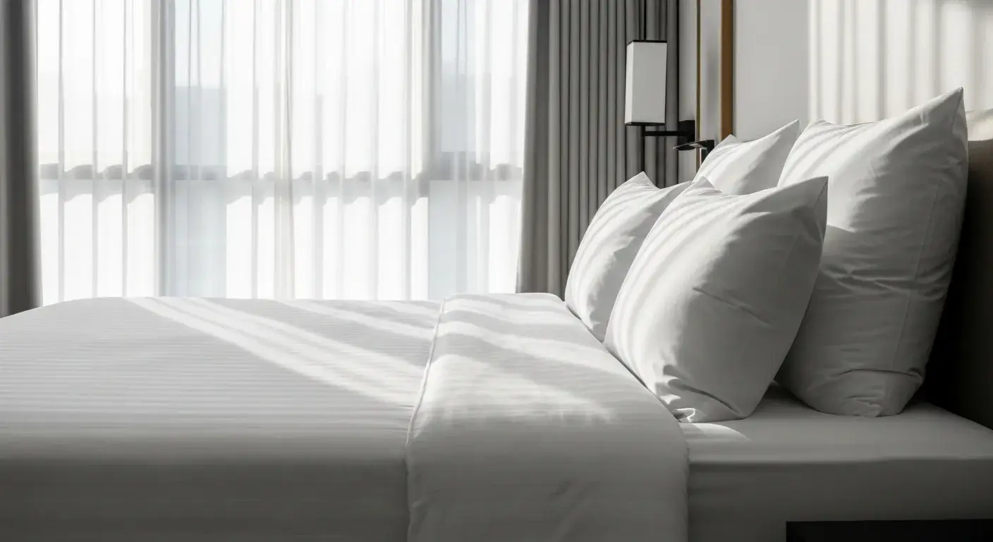 Crisp white hotel bed with bright natural lighting