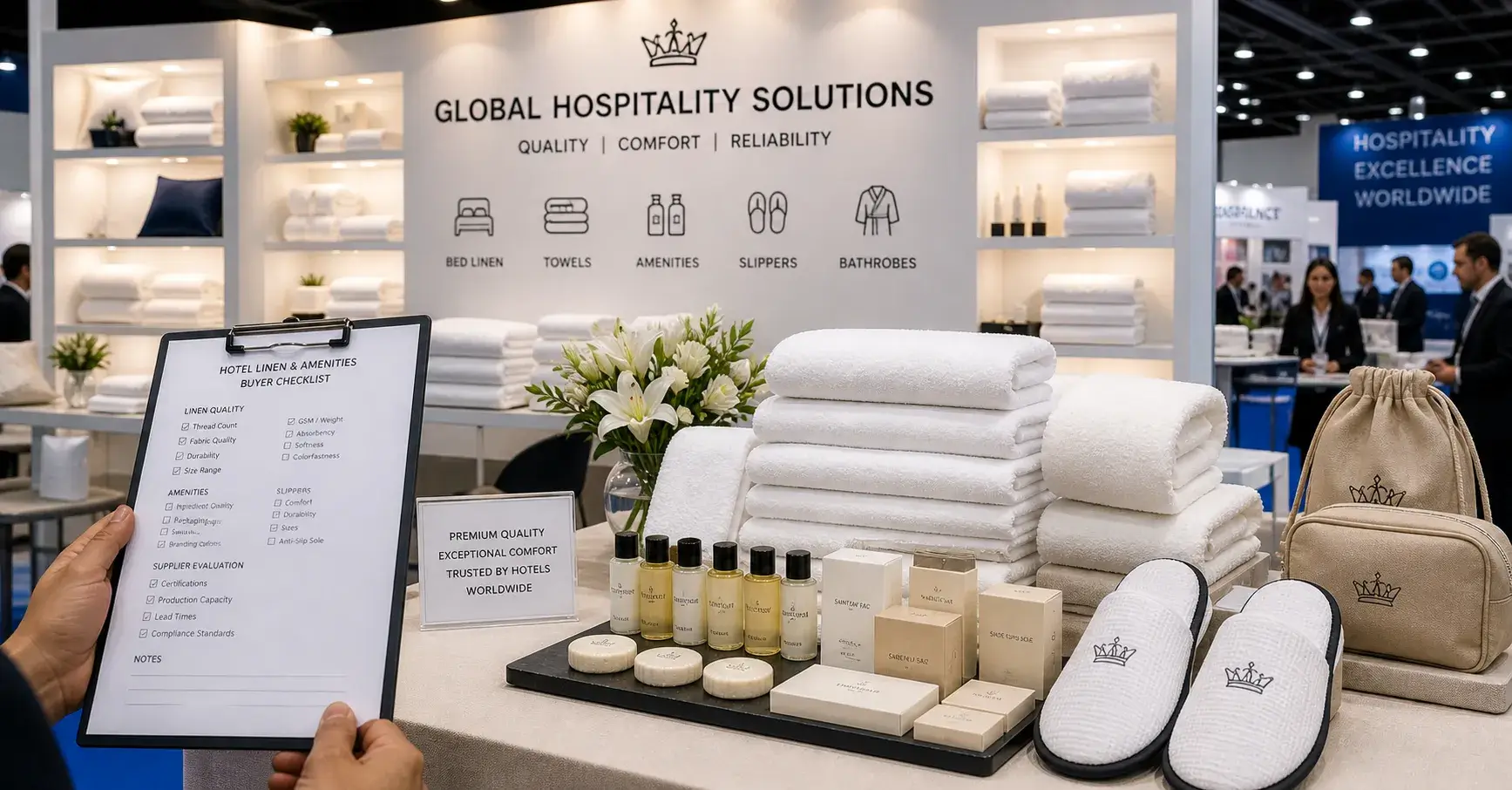 Hotel supplier booth with linens amenities and buyer checklist